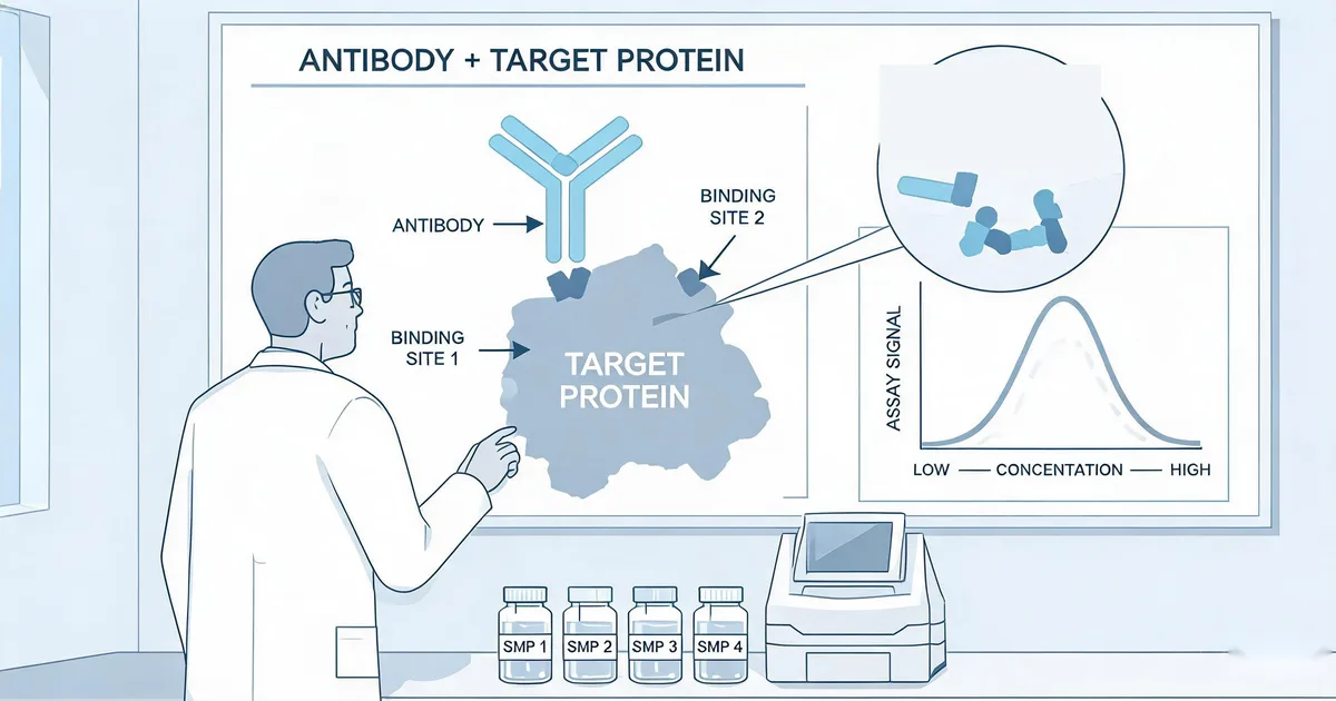 AMH antibody pair selection diagram showing capture and detection antibody binding sites on the target protein and a concentration range validation chart in an IVD laboratory