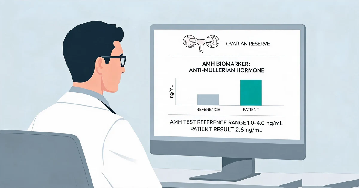 Clinician reviewing an AMH anti-Müllerian hormone test result and ovarian reserve chart on a lab monitor
