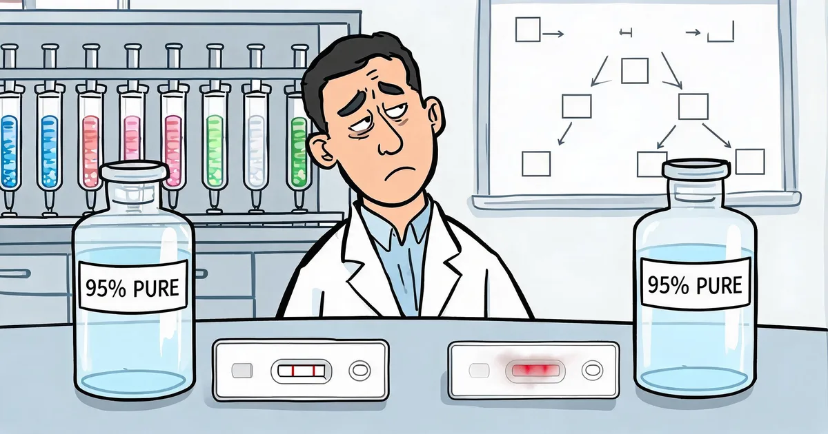 Antibody purification methods for IVD reagents: a scientist compares two 95% pure antibody lots, one giving a sharp lateral flow test line and one a blurred line, in front of chromatography columns