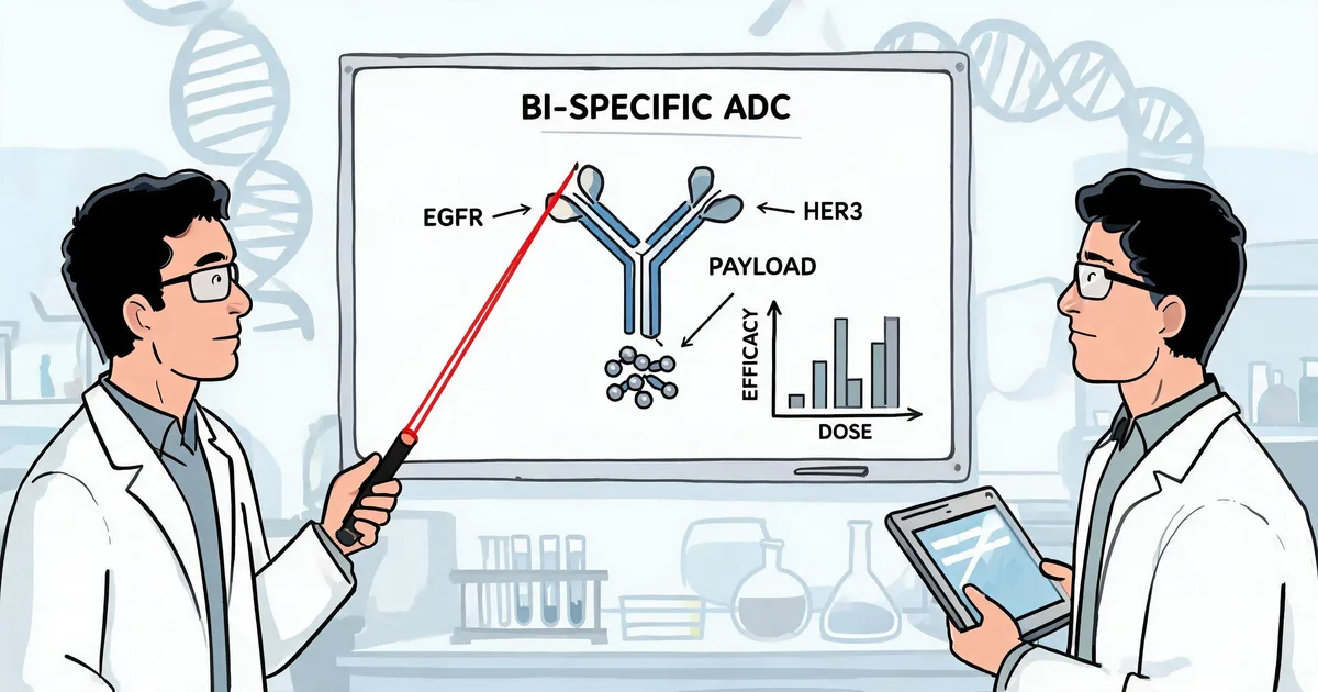 Scientists analyzing an EGFR x HER3 bispecific ADC antibody structure, illustrating bispecific antibody engineering and chain-pairing verification