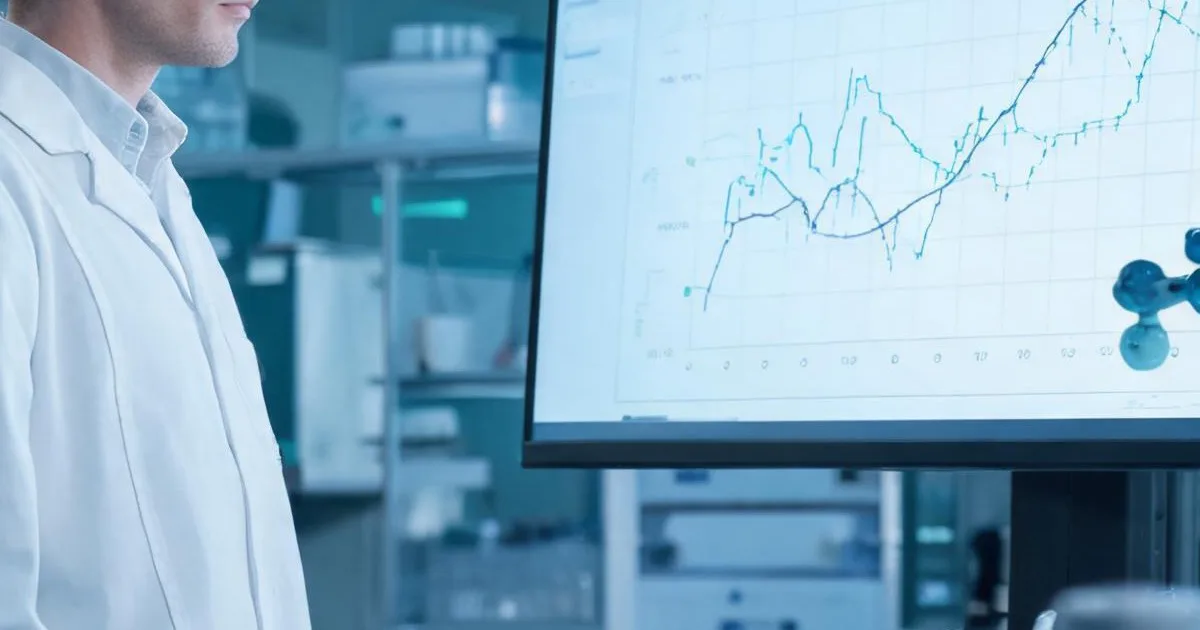 Scientist reviewing Phase 1 clinical trial data for the ORM-6151 BMS-986497 degrader-antibody conjugate in a biotech research lab