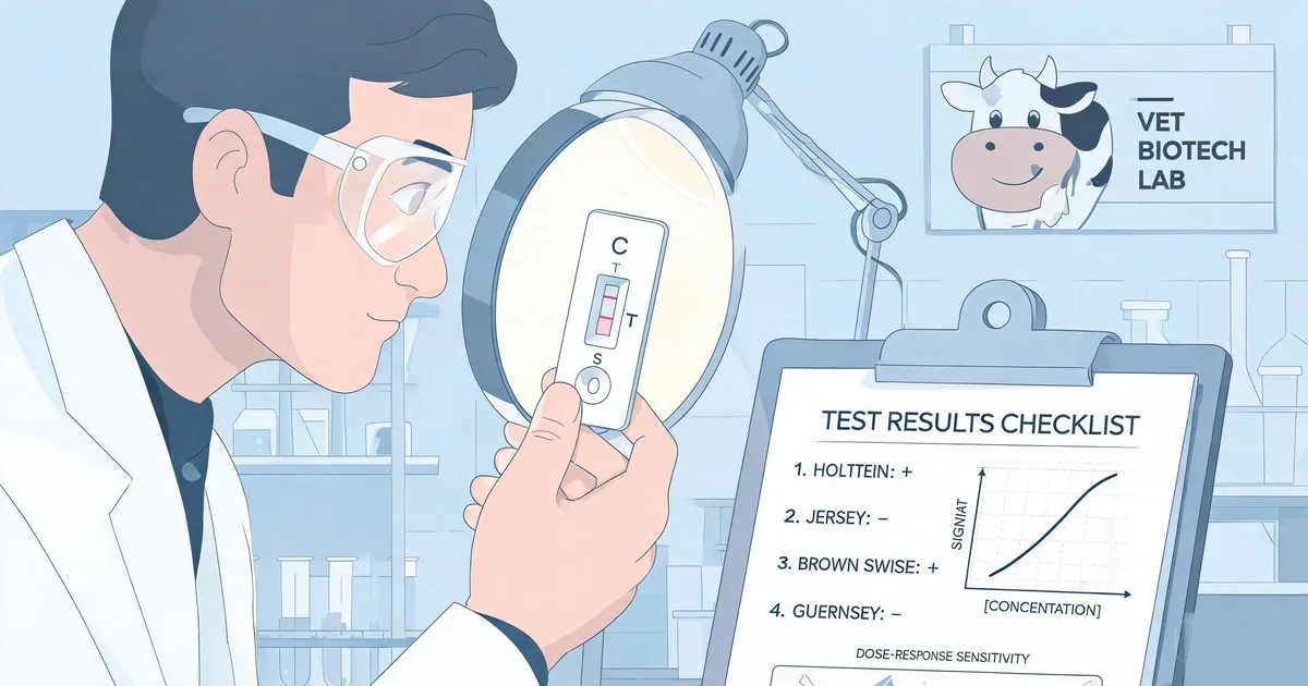 Scientist reading a bovine PAG rapid test cassette T line under a magnifier next to a test results checklist and dose-response sensitivity chart
