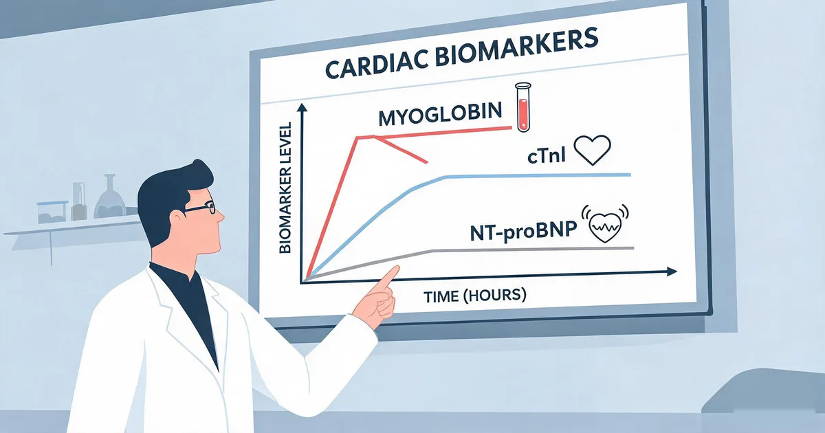 Cardiac biomarker kinetics chart comparing myoglobin, cTnI, and NT-proBNP biomarker level rise and fall over time in a clinical laboratory setting