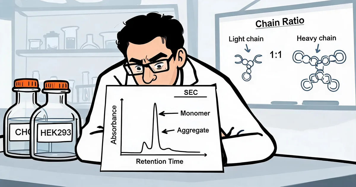 Scientist reviewing an SEC chromatogram with monomer and aggregate peaks next to CHO and HEK293 flasks and a light chain to heavy chain vector ratio whiteboard