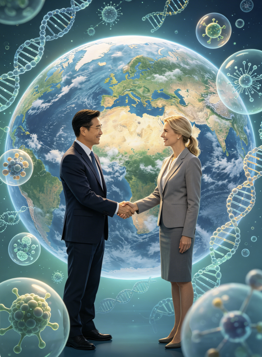 International biotech collaboration — two scientists shaking hands with globe and DNA strands
