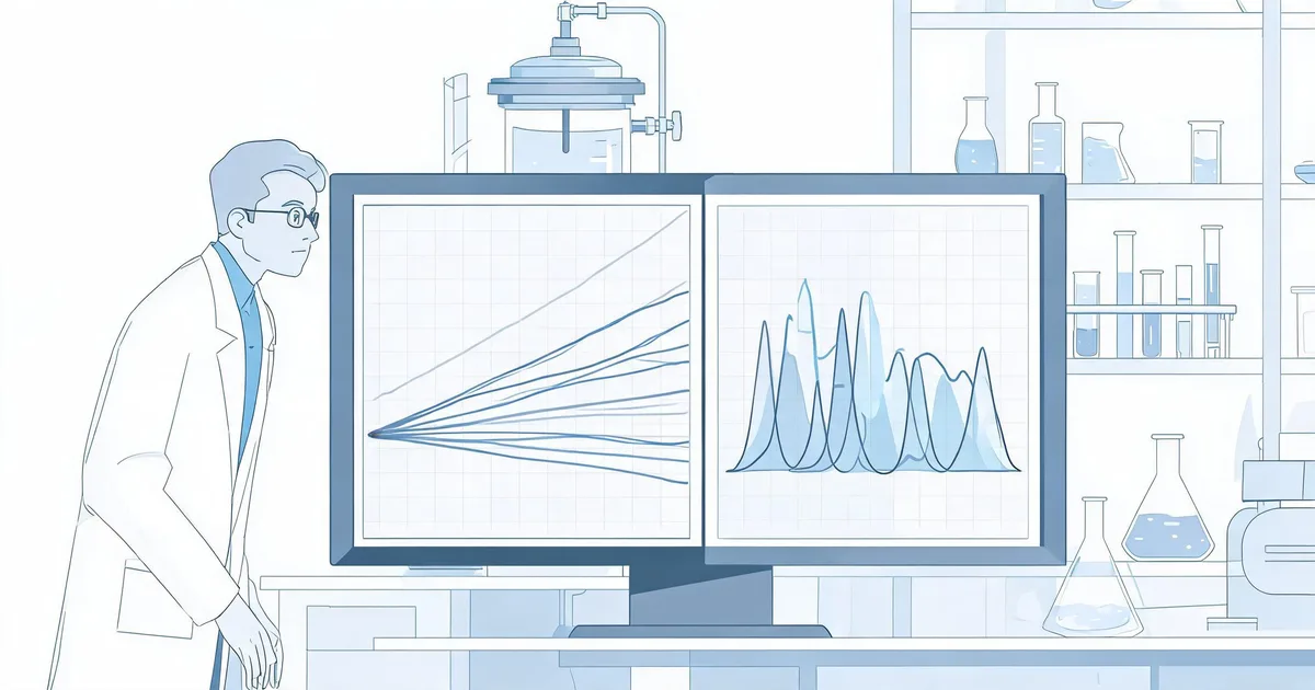 Scientist comparing CHO cell clone stability data and antibody glycosylation charge-variant chromatography in a laboratory