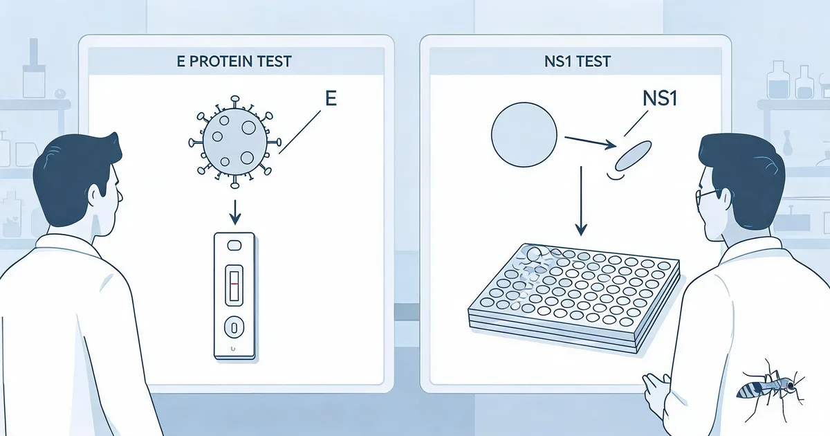 Scientists comparing dengue E protein antibody test strip and NS1 antigen sandwich ELISA microplate in an IVD laboratory