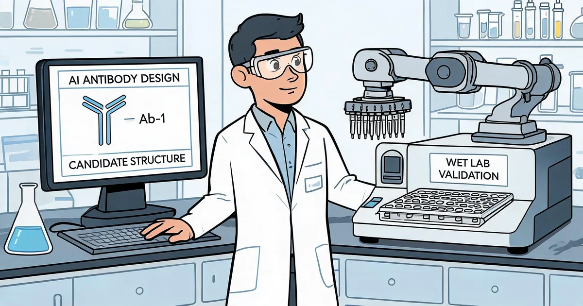 Scientist reviewing an AI-generated antibody candidate structure on screen next to a robotic high-throughput liquid handler performing wet-lab validation