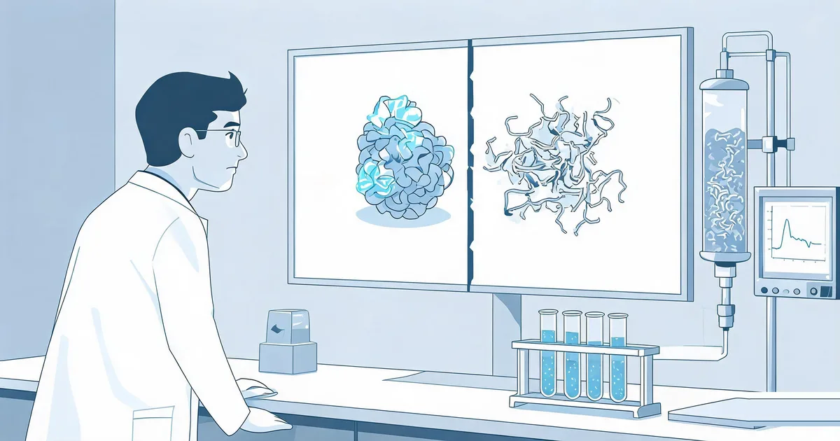 Scientist comparing correctly folded and misfolded E. coli recombinant antigen structures alongside an FPLC chromatography trace