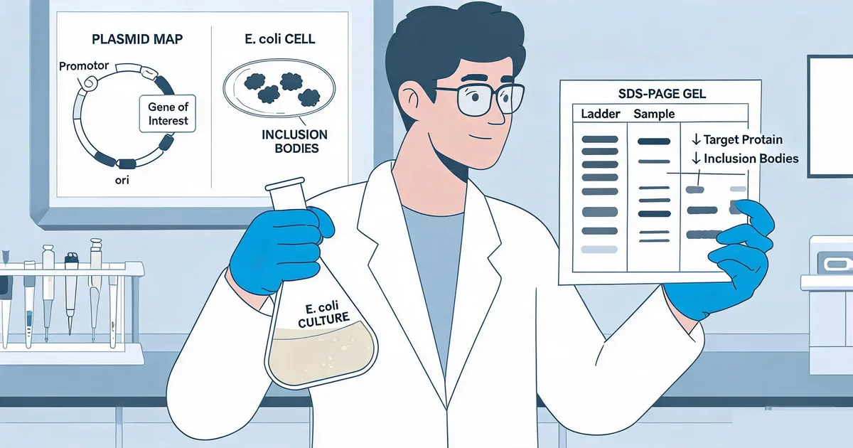 Scientist reviewing E. coli recombinant protein expression SDS-PAGE gel and plasmid map showing inclusion body formation