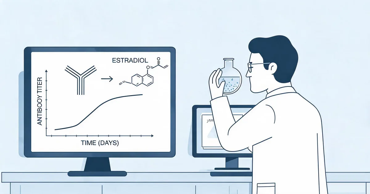 Scientist examining a CHO cell culture flask beside a monitor showing a recombinant estradiol antibody diagram and antibody titer expression yield chart