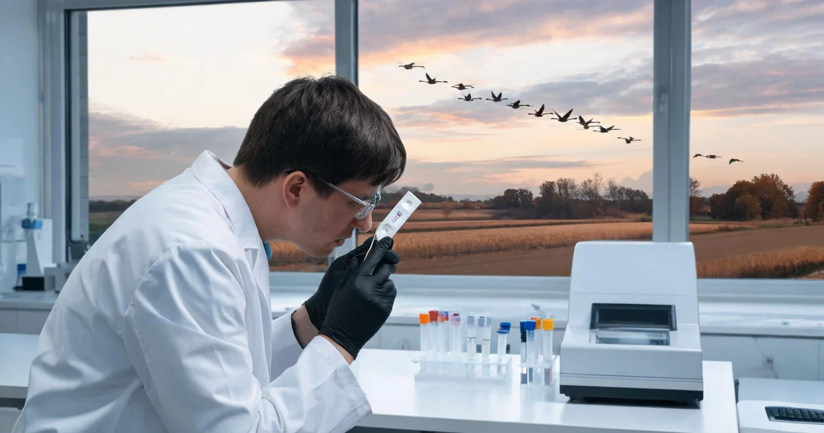 Laboratory scientist examining an H5N1 avian influenza rapid test cassette with migratory birds visible through the window during autumn, illustrating H5N1 antibody selection for avian influenza IVD development