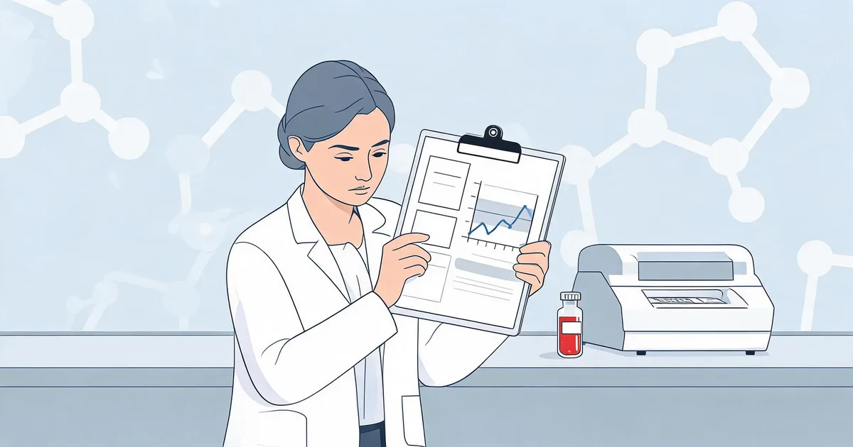 Scientist reviewing an HE4 blood test report and reference range chart in a diagnostics laboratory