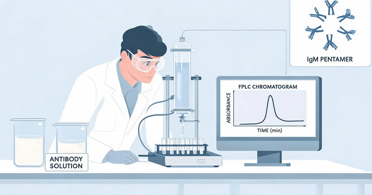 Scientist purifying IgM pentamer antibody using FPLC chromatography with an absorbance chromatogram and antibody solution beakers