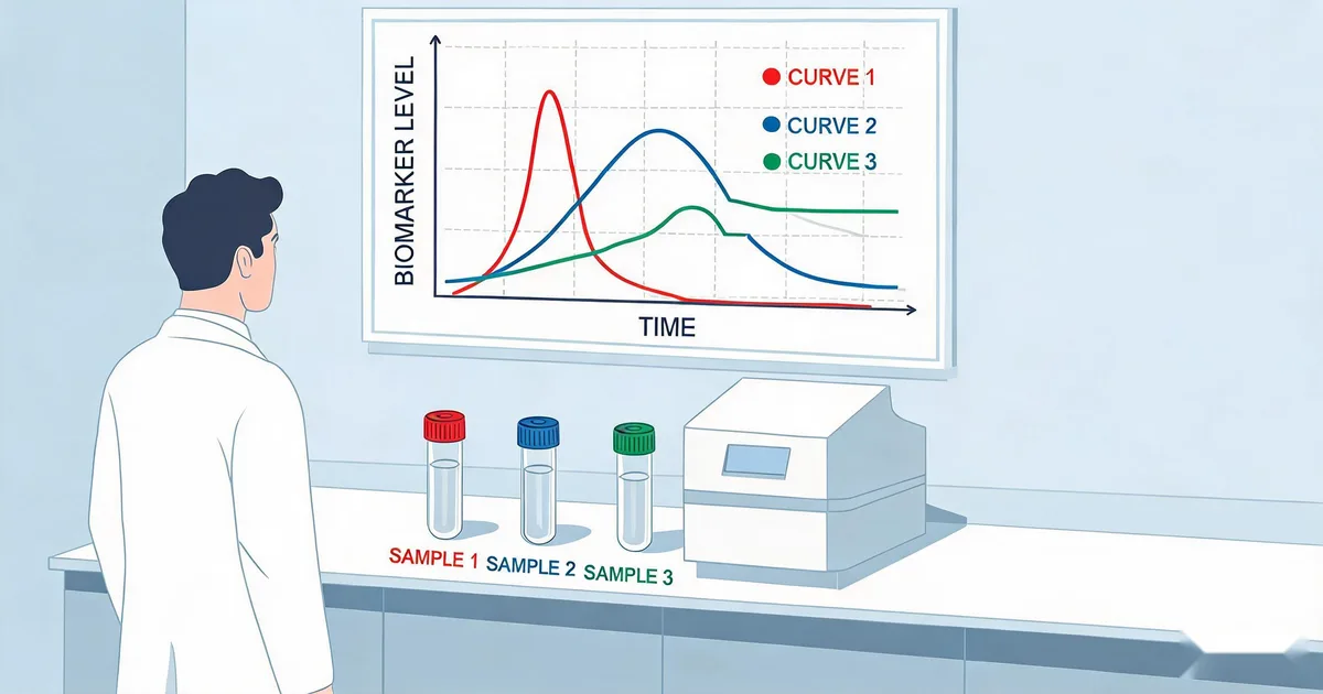 Comparison chart of CRP, procalcitonin, and IL-6 inflammatory biomarker kinetics showing three curves with different onset, peak, and decay rates in a clinical laboratory