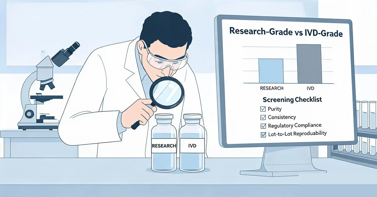 Scientist comparing research-grade and IVD-grade antibody vials during IVD antibody screening, with a research-grade vs IVD-grade comparison chart and screening checklist