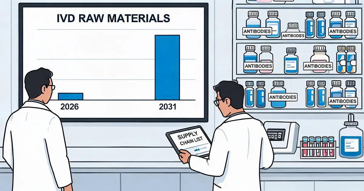 IVD raw materials market growth to 2031: scientists review a chart of rising market size next to shelves of antibody reagent vials