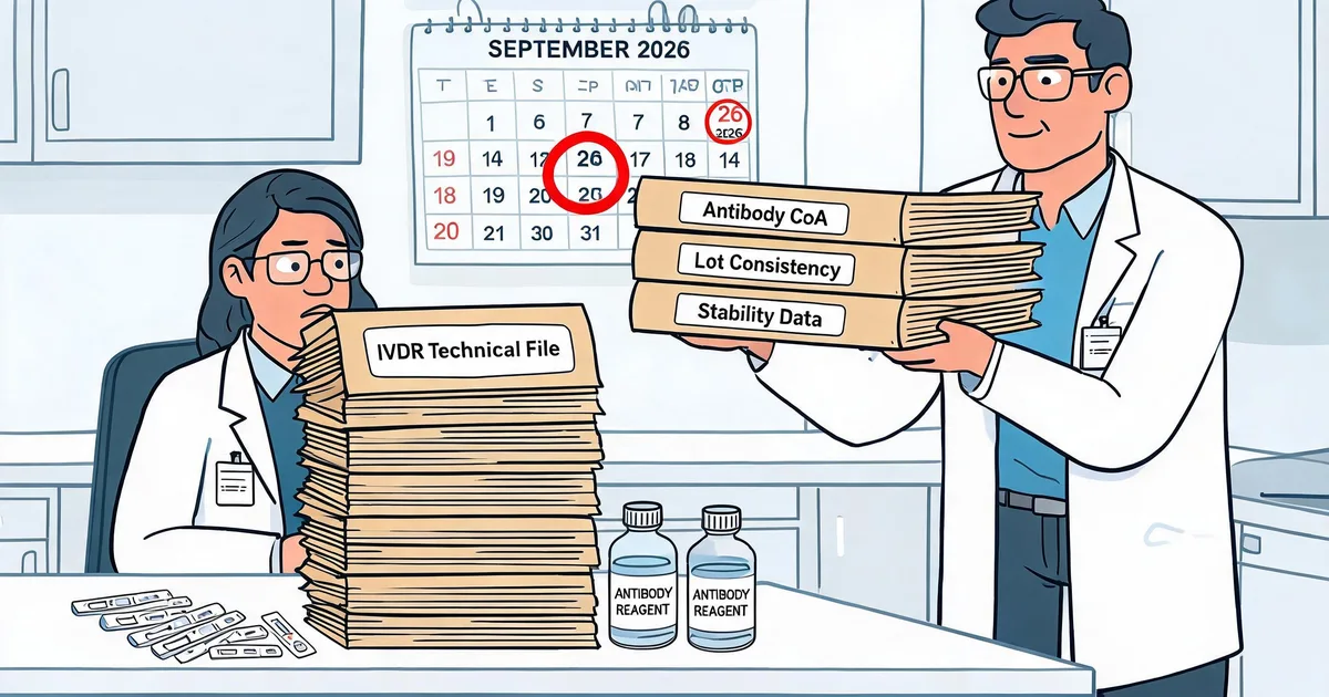 IVDR 2026 technical file review: an IVD regulatory manager receives antibody supplier documentation including CoA, lot consistency and stability data