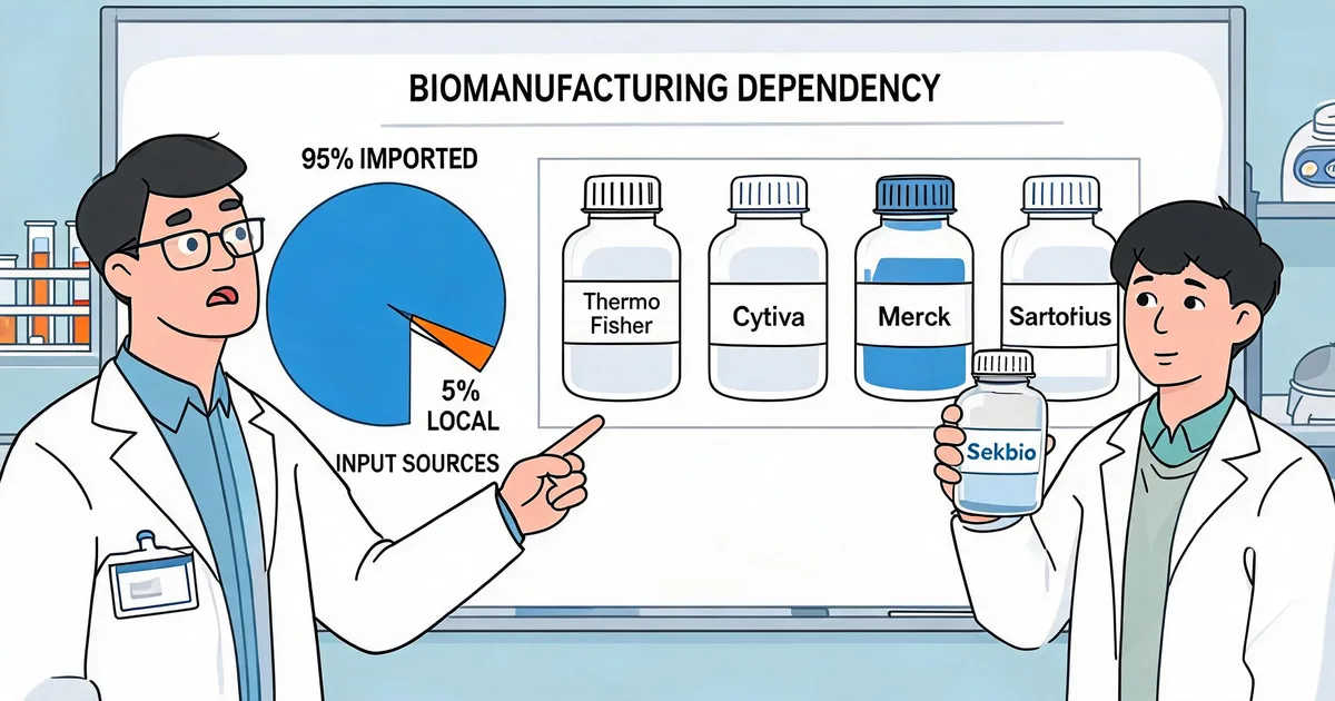 Lab scientists reviewing a 95 percent biomanufacturing raw material import dependency chart next to a second-source antibody supplier bottle