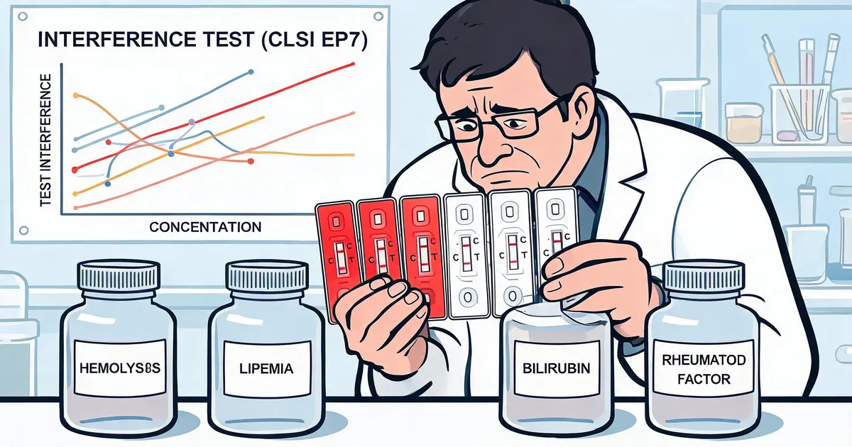 Scientist inspecting hemolyzed and clear lateral flow assay test strips beside labeled interferent bottles and a CLSI EP7 interference chart
