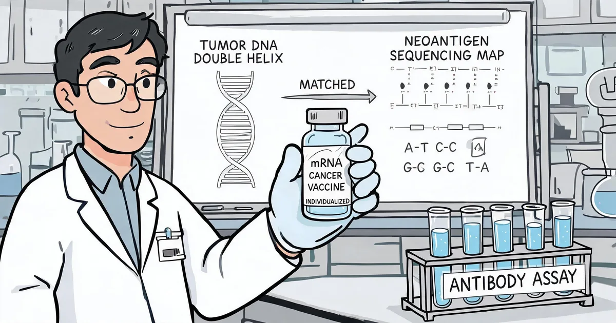 Scientist matching a patient's tumor neoantigen sequencing map to an individualized mRNA cancer vaccine vial alongside antibody detection reagent test tubes, illustrating personalized neoantigen vaccine manufacturing and immunoassay reagent needs