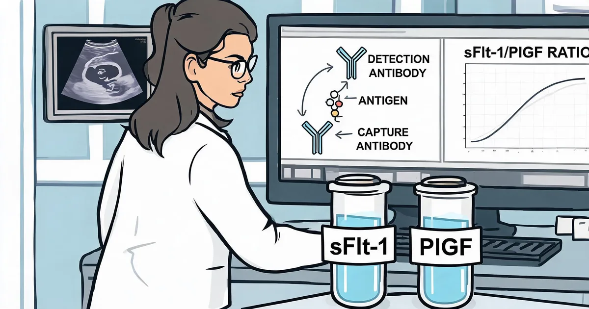Diagram of sFlt-1 and PlGF antibody sandwich immunoassay pairs for preeclampsia biomarker testing, showing capture and detection antibodies binding target antigens against a maternal health and placental vasculature background