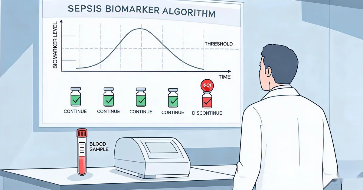 Procalcitonin-guided antibiotic stewardship algorithm showing PCT biomarker curve, decision threshold, and antibiotic continue or discontinue decision icons in a clinical laboratory