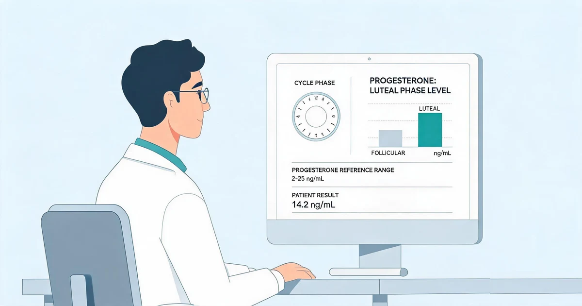 Clinician reviewing a progesterone level test result comparing follicular and luteal phase reference ranges on a lab monitor