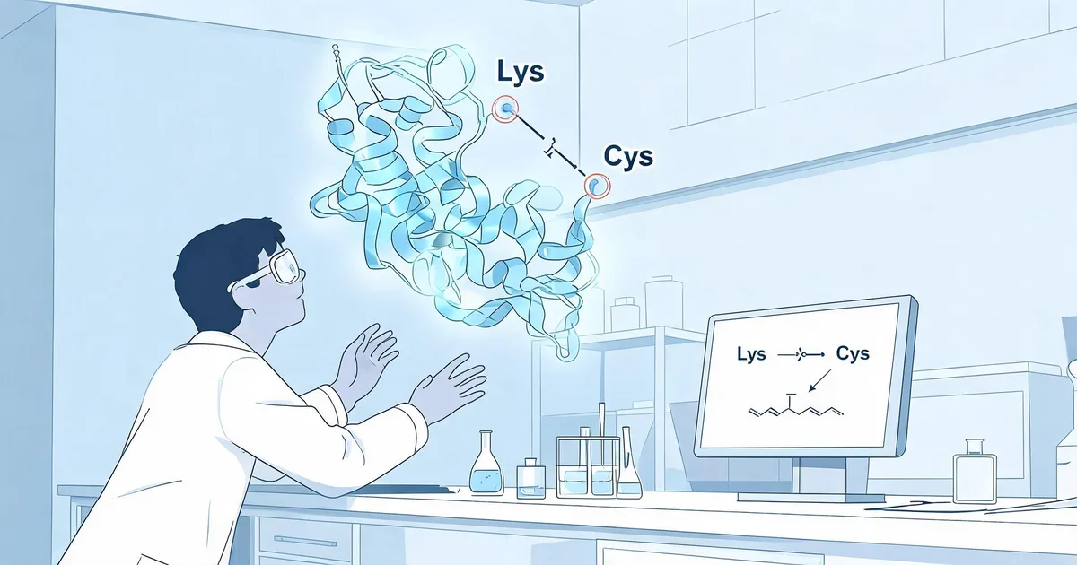Scientist analyzing lysine and cysteine crosslinking sites on a protein structure for covalent conjugation chemistry