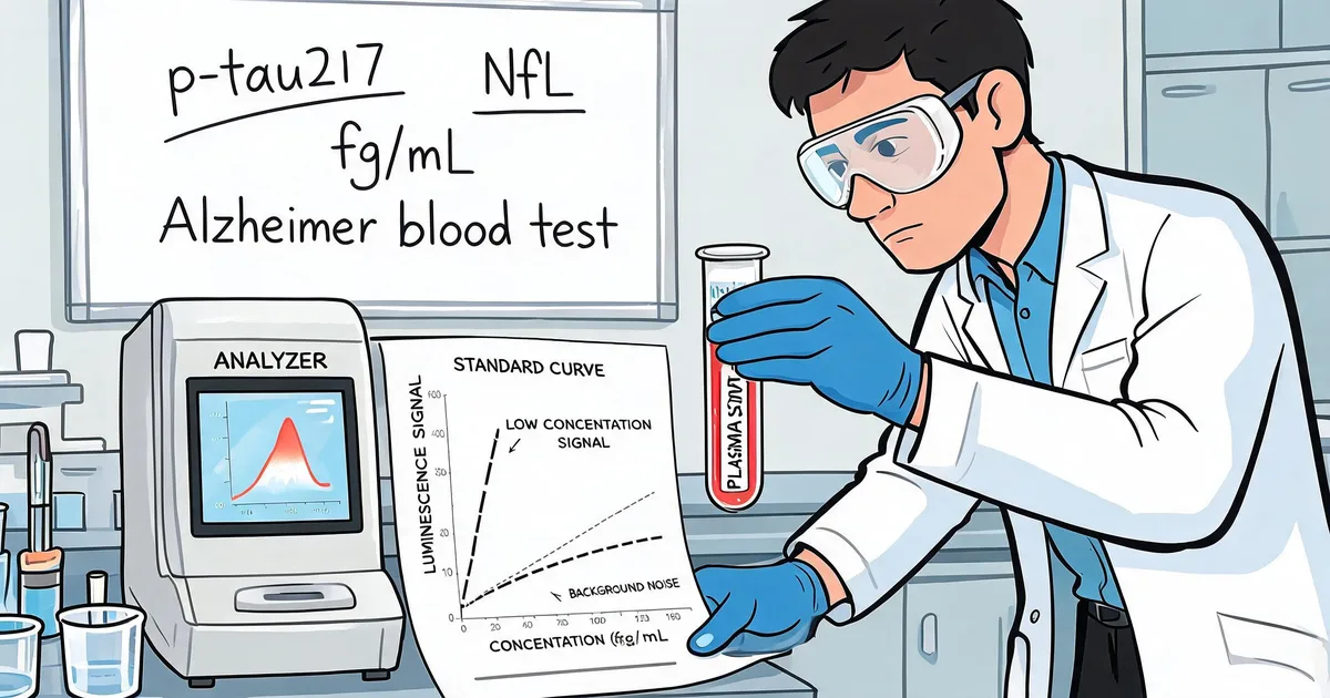 Scientist comparing a plasma p-tau217 and NfL chemiluminescence standard curve against background noise during Alzheimer's blood test development