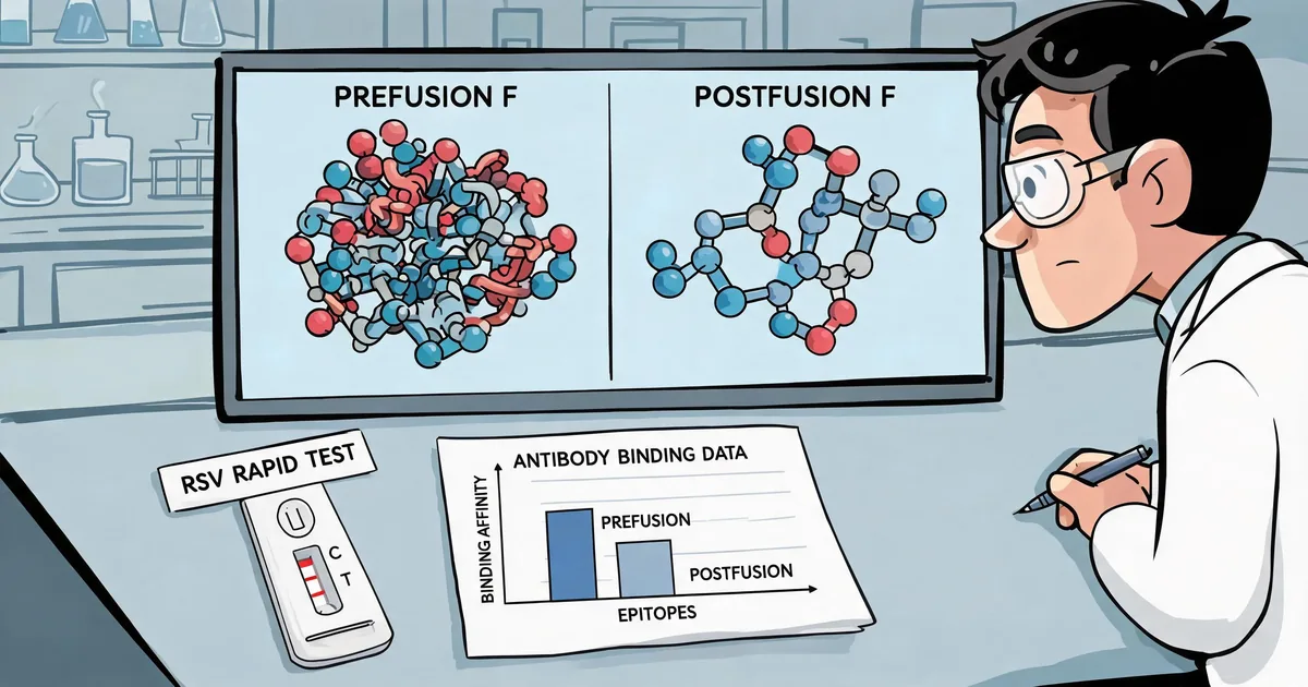 Scientist comparing prefusion and postfusion RSV F protein conformational epitope models next to a respiratory multiplex rapid test and antibody pairing data