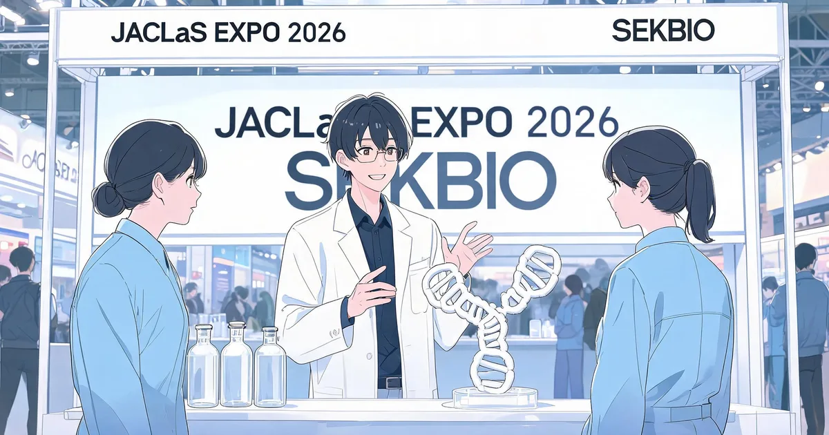 Sekbio scientists discussing recombinant antibody technology with laboratory professionals at a JACLaS EXPO 2026 exhibition booth in Kobe