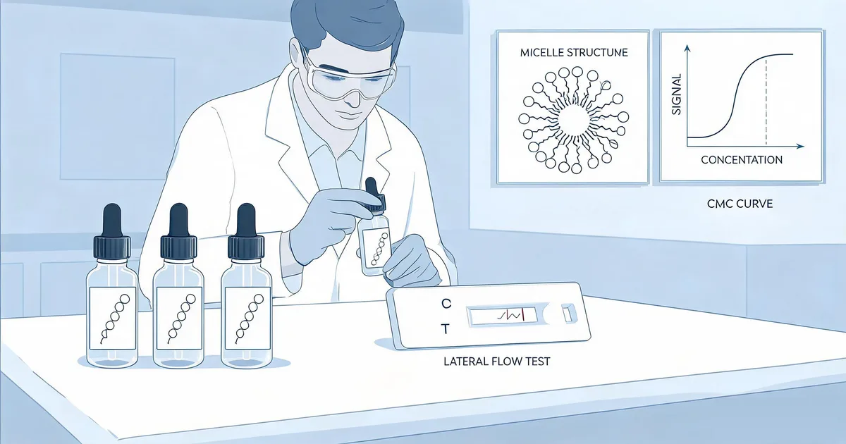 Scientist comparing surfactant options for lateral flow immunoassay development against a test strip in the lab