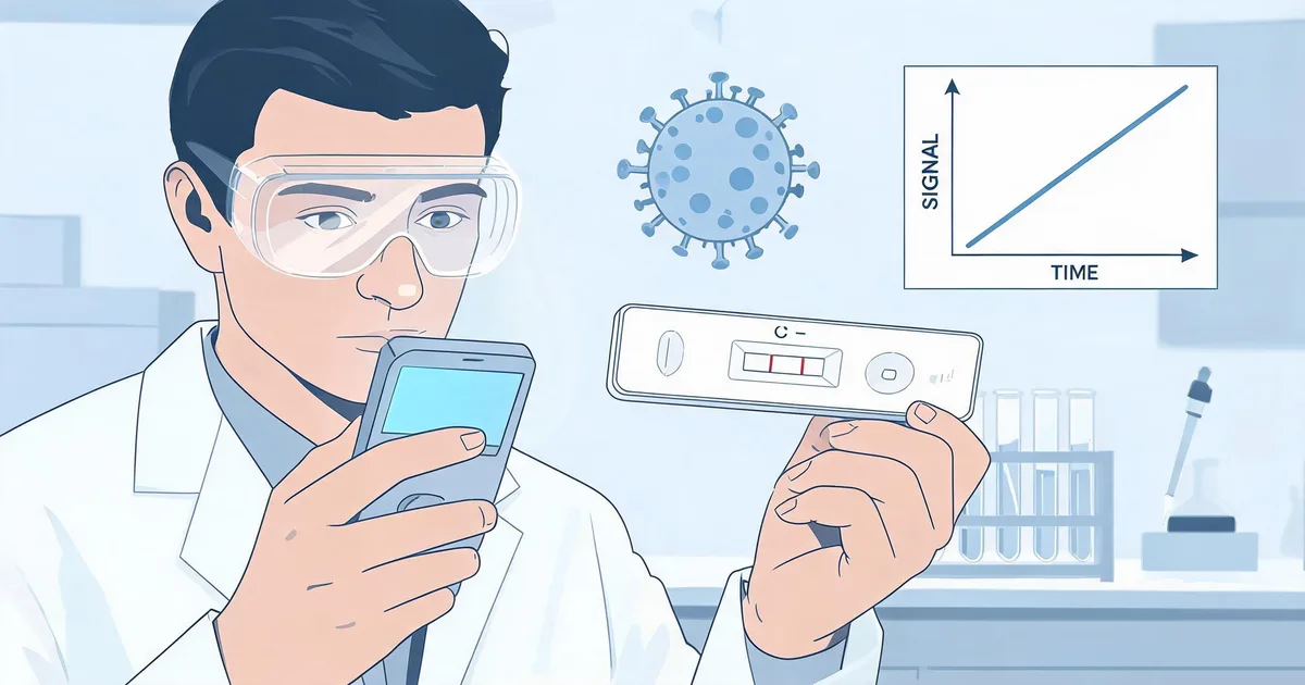 Researcher analyzing an influenza A rapid test cassette with a smartphone reader, illustrating Sekbio influenza A antibody use in signal-amplified lateral flow immunoassay research