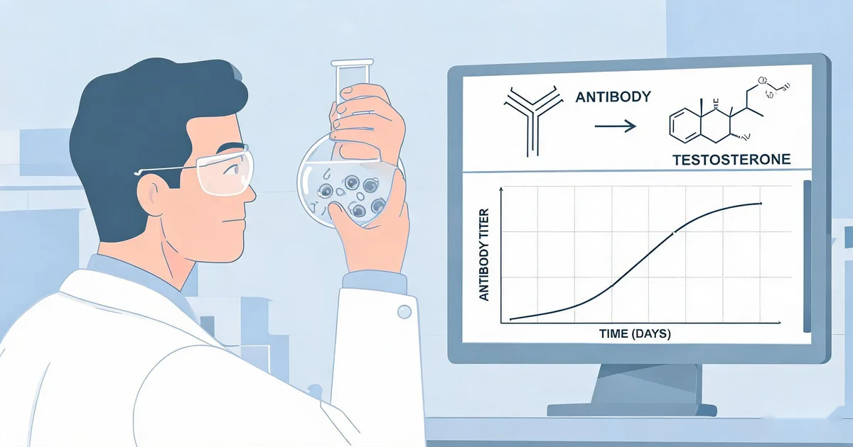 Scientist examining a CHO cell culture flask beside a monitor showing a recombinant testosterone antibody diagram and antibody titer expression yield chart