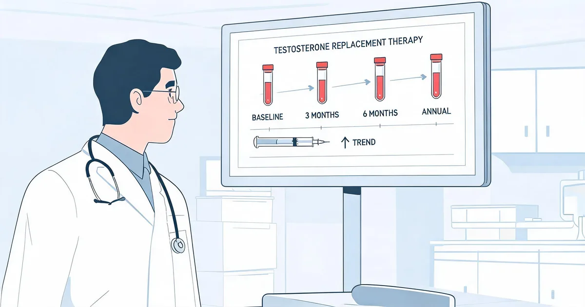 Testosterone replacement therapy monitoring timeline showing baseline, 3-month, 6-month, and annual blood draw checkpoints in a clinical laboratory setting
