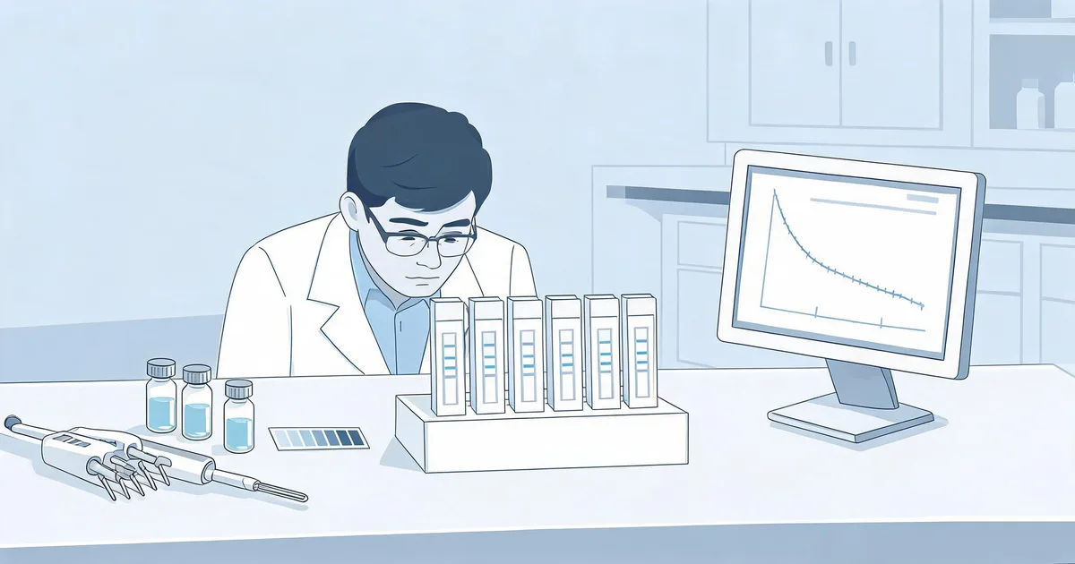 Scientist evaluating VB12-BSA conjugate lateral flow test strips alongside a signal-to-noise dose-response curve