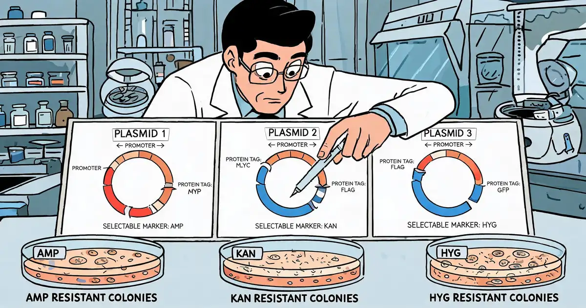 Scientist comparing recombinant protein expression vector plasmid maps with promoter, tag, and selection marker elements in a biotech laboratory