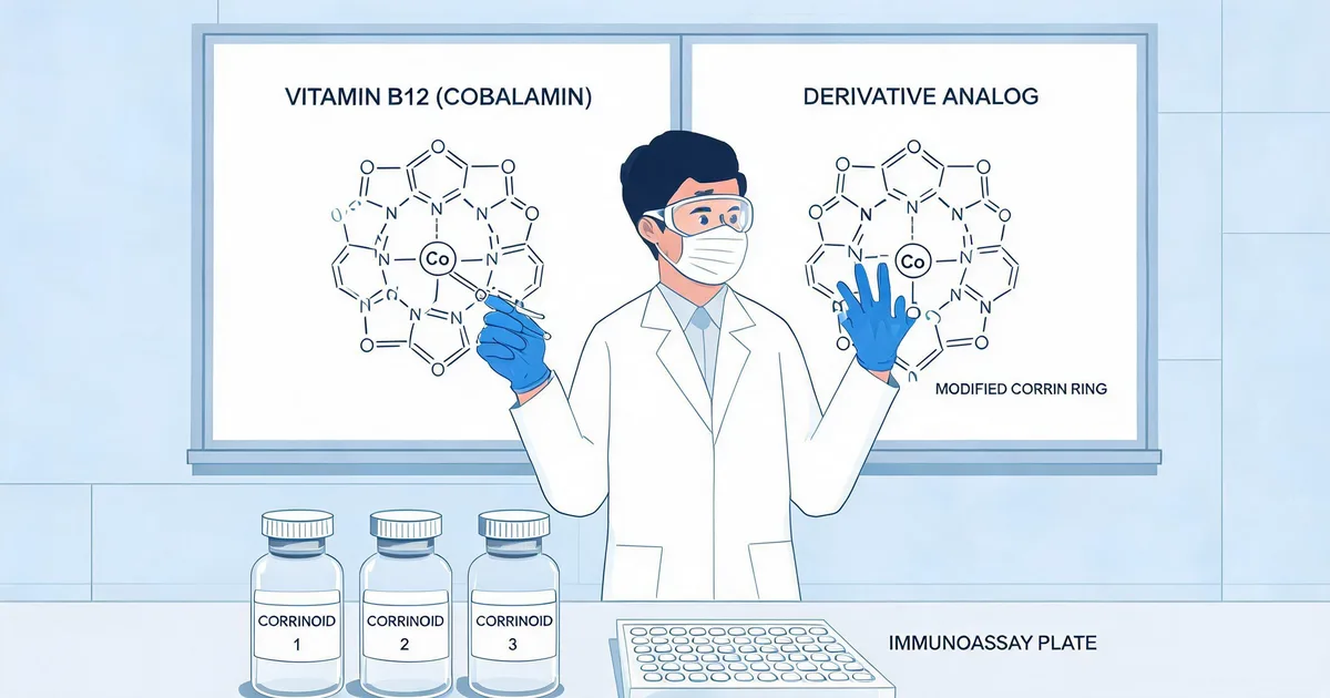 Scientist comparing vitamin B12 cobalamin structure with a modified vitamin B12 derivative analog for competitive immunoassay design