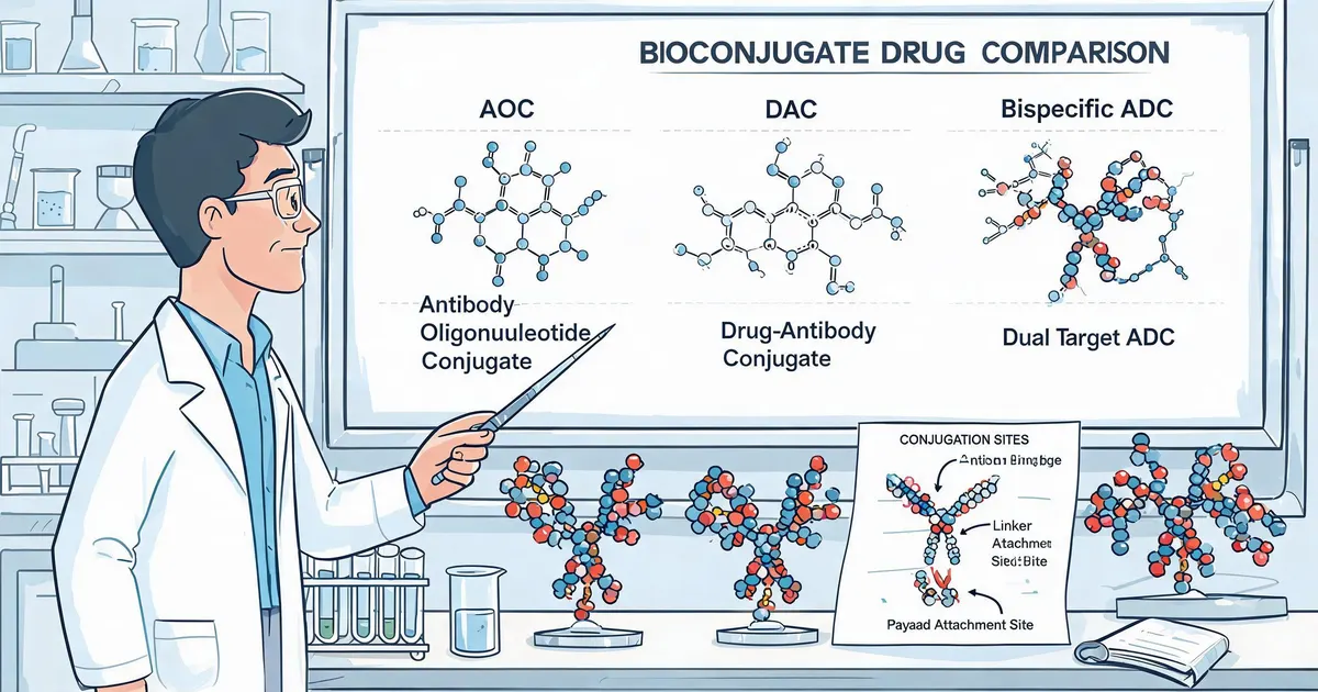 Scientist comparing AOC, DAC, and bispecific ADC bioconjugate molecule structures and antibody conjugation sites in a biotech laboratory